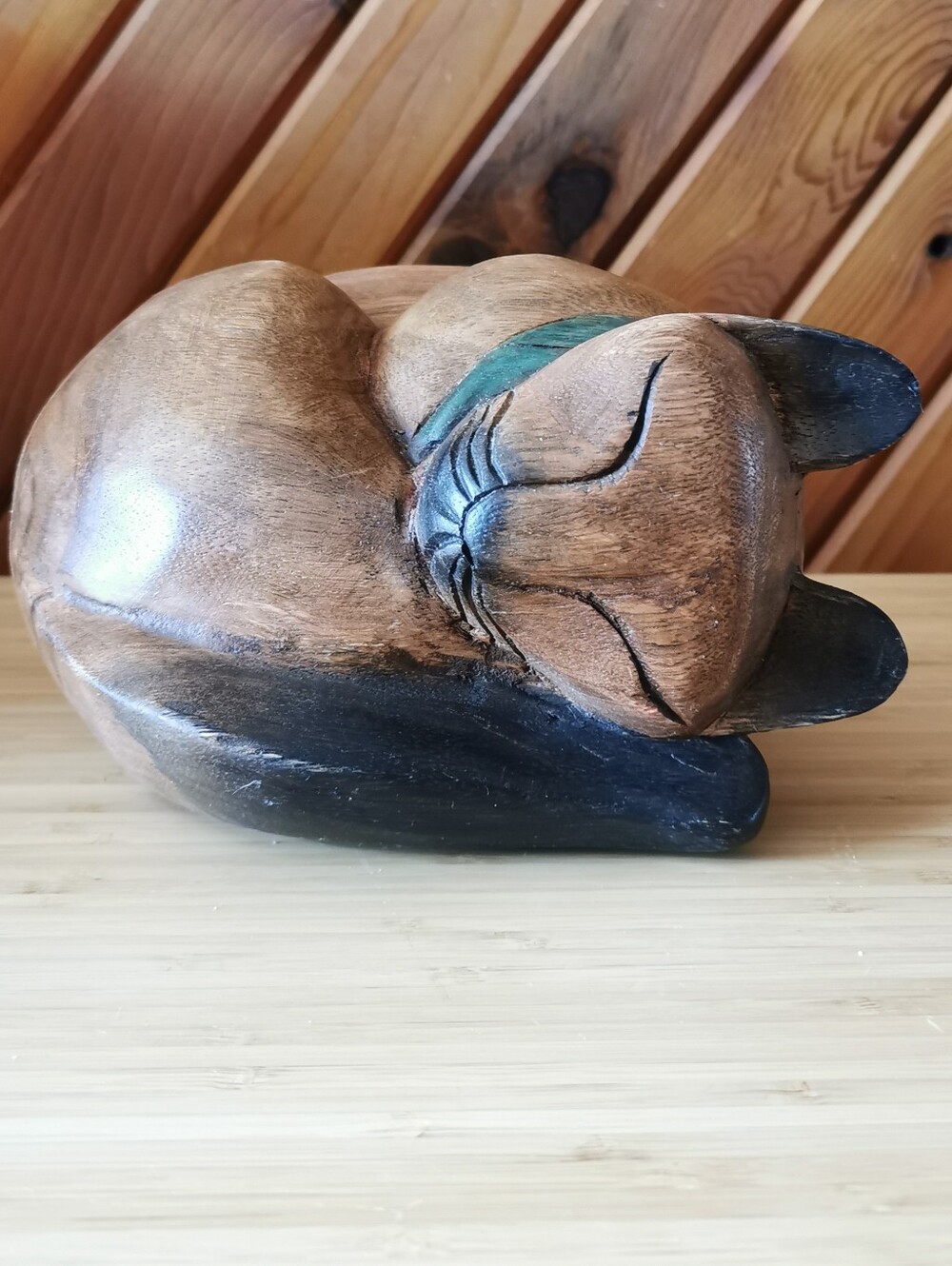 Vintage Hand Carved Wooden Sleeping Cat Figurine Folk Art Sculpture